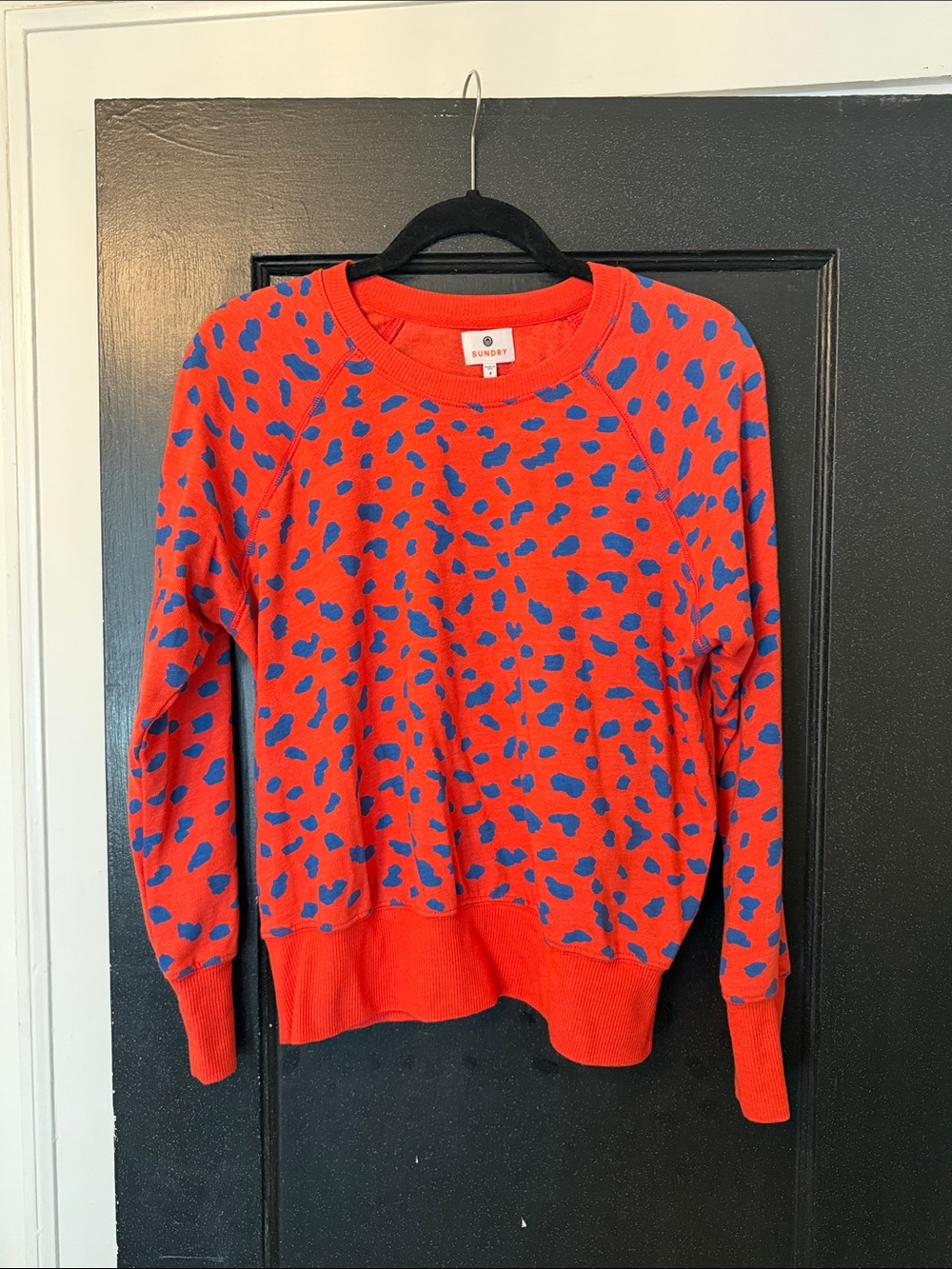 Sundry Bright Red Crewneck Sweater with Blue Leopard Spots